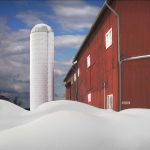 Barn and silo rise above deep standing snow at Highbanks