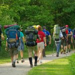 A group of backpackers training on the trails at Battelle Darby Creek.