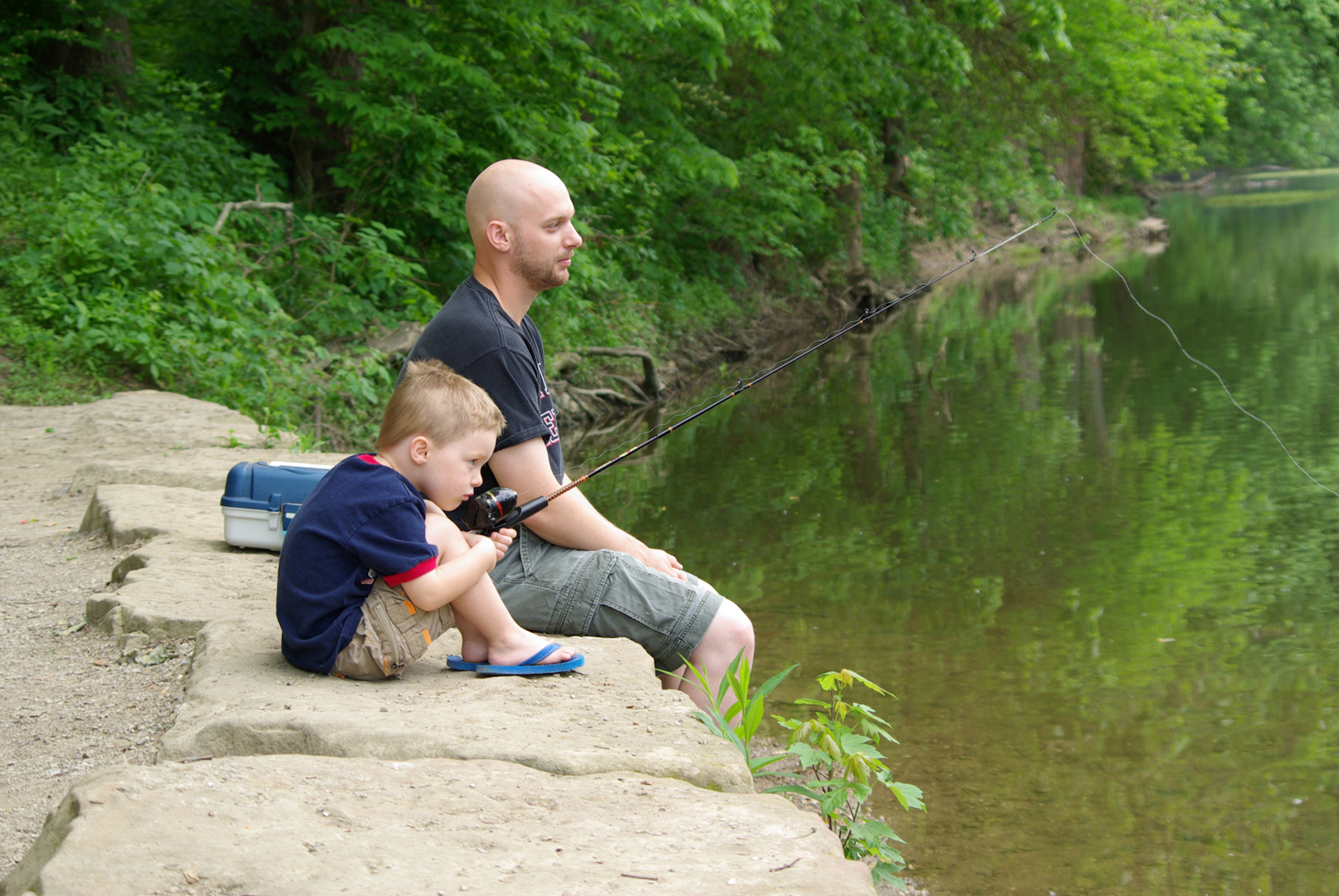Father and son fishing on Big Darby Creek at Battelle Darby Creek.