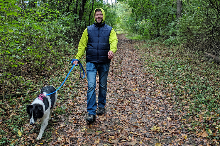 Scout and Zach walk on the pet trail at Three Creeks Metro Park