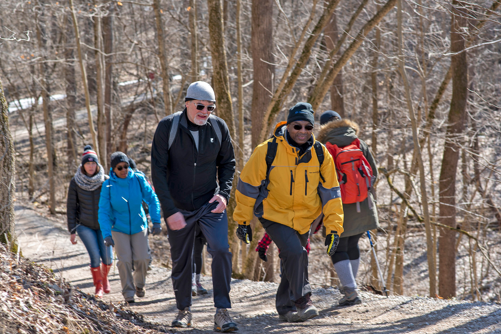 People hike during the winter hike at Battelle Darby Creek Metro Park.